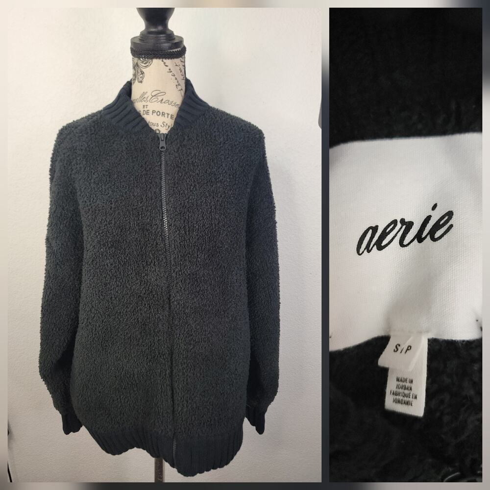 AERIE Sherpa Fleece Full Zip Jacket Women's Size Small Oversized Black